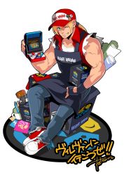 Rule 34 | 1boy, arcade cabinet, baseball cap, blonde hair, blue eyes, bomber jacket, denim, falcoon, fatal fury, fingerless gloves, gloves, hat, highres, jacket, jeans, long hair, looking at viewer, male focus, muscular, one eye closed, pants, pin, ponytail, smile, snk, solo, tank top, terry bogard, the king of fighters, vest