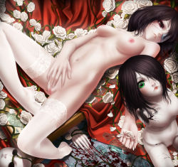 Rule 34 | 10s, 1girl, another, bad id, bad pixiv id, barefoot, black hair, blood, breasts, broken glass, doll, eyepatch, feet, female pubic hair, flower, glass, green eyes, highres, lace, lace-trimmed legwear, lace trim, large breasts, lying, medium breasts, misaki mei, navel, nipples, no shoes, nude, on back, petals, plant, pubic hair, pussy, rail (silverbow), red eyes, rose, short hair, solo, thighhighs, thorns, uncensored, vines, white flower, white rose, white thighhighs