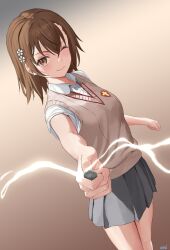 Rule 34 | ;), aiming, aiming at viewer, artist name, asurada yui, breasts, brown eyes, brown hair, brown sweater vest, coin, collared shirt, commentary request, electricity, electrokinesis, emblem, gradient background, grey skirt, hair between eyes, hair ornament, hairpin, holding, holding coin, medium hair, misaka mikoto, one eye closed, outstretched arm, pleated skirt, psychic, railgun (misaka mikoto), school emblem, school uniform, shirt, short sleeves, simple background, skirt, small breasts, smile, summer uniform, sweater vest, toaru kagaku no railgun, toaru majutsu no index, tokiwadai school uniform, white shirt
