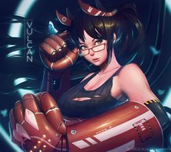 Rule 34 | 1girl, arm up, armor, bare shoulders, black hair, black shirt, blouse, breasts, cleavage, collarbone, commentary, deviantart username, glasses, guweiz, hand to head, large breasts, long hair, looking at viewer, mecha, mechanical arms, open mouth, original, parted lips, power armor, robot, screw, shirt, single mechanical arm, solo, tank top, vulcan, yellow eyes