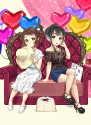 Rule 34 | 10s, 2girls, balloon, black hair, blue eyes, blush, bracelet, brown eyes, brown hair, collarbone, couch, crossed legs, curtains, dress, eyeliner, eyeshadow, floral print, full body, hanekoto, hat, heart, heart balloon, high heels, highres, holding, holding clothes, holding hat, jewelry, kantai collection, lipstick, looking at viewer, makeup, multicolored hair, multiple girls, necklace, no socks, red lips, shirt, shoes, short hair, short hair with long locks, shorts, sidelocks, sitting, star (symbol), star print, swept bangs, tokitsukaze (kancolle), tufted upholstery, two-tone hair, unworn hat, unworn headwear, white background, white dress, white hair, yukikaze (kancolle)