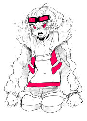 Rule 34 | absurdres, angry, bandeau, choker, cropped jacket, cropped legs, goggles, goggles on head, highres, jacket, long sleeves, navel, niwamaru (niwarhythm), niwarhythm, open clothes, open jacket, open mouth, original, red eyes, short hair, short shorts, shorts, simple background, solo, spot color, standing, strapless, thighhighs, tube top, white background