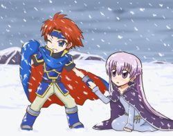 Rule 34 | 1boy, 1girl, armor, armored dress, belly chain, blue armor, blue dress, blue eyes, blue gloves, boots, cape, cloak, dress, fingerless gloves, fire emblem, fire emblem: the binding blade, gloves, headband, hetero, holding, holding cape, holding clothes, holding hands, jewelry, kneeling, long hair, looking at another, looking away, nintendo, one eye closed, open mouth, pants, purple eyes, purple hair, red hair, reverse (bluefencer), roy (fire emblem), snow, snowing, sophia (fire emblem), very long hair