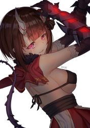 Rule 34 | 1girl, artist name, bad id, bad pixiv id, blunt bangs, bob cut, breasts, broken horn, brown hair, eriko (princess connect!), gauntlets, goyain, hands up, horns, looking at viewer, medium breasts, pink eyes, princess connect!, short hair, sideboob, simple background, solo, tail, white background