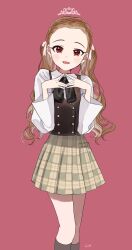 Rule 34 | 1girl, black socks, black vest, blush, brown hair, curly hair, feet out of frame, forehead, highres, hukka (hukka ready), idolmaster, idolmaster cinderella girls, kneehighs, looking at viewer, own hands together, plaid, plaid skirt, pleated skirt, red background, red eyes, seki hiromi, shirt, simple background, skirt, smile, socks, solo, tiara, twintails, vest, white shirt