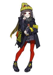 Rule 34 | 1girl, absurdres, armband, bad id, bad twitter id, beanie, black-framed eyewear, black coat, blonde hair, coat, full body, glasses, gradient hair, grey hair, grey scarf, hat, highres, holding, long hair, long sleeves, looking at viewer, multicolored hair, open clothes, open coat, original, pantyhose, parted lips, pigeon-toed, red eyes, red pantyhose, samei ikusa, scarf, semi-rimless eyewear, shoes, simple background, solo, two-tone hair, under-rim eyewear, white background, yellow hat