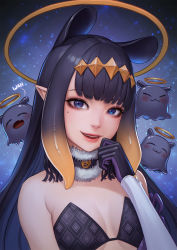 Rule 34 | 1girl, bare shoulders, black gloves, black hair, breasts, cleavage, eyebrows hidden by hair, fur choker, gloves, hair behind ear, halo, head tilt, highres, hololive, hololive english, lerio (leriodraws), looking at viewer, mole, mole under eye, ninomae ina&#039;nis, parted lips, pointy ears, portrait, purple eyes, small breasts, smile, takodachi (ninomae ina&#039;nis), virtual youtuber