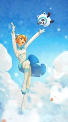 Rule 34 | 1girl, 2022 winter olympics, :d, acfun, acfun girl, ankle boots, bing dwen dwen, bird, blonde hair, blue dress, blue footwear, blue sky, boots, bun cover, clothes lift, cloud, double bun, dove, dress, dress lift, fireflies, full body, gloves, gradient dress, gradient footwear, hair bun, highres, leg up, long sleeves, looking at another, open mouth, outstretched arms, panda, pantyhose, short hair, sky, smile, snowflake print, standing, standing on one leg, star (sky), teeth, ud terry, upper teeth only, white dress, white footwear, white gloves, white pantyhose, wind, wind lift, yellow eyes