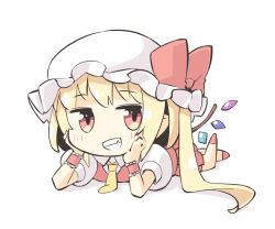 Rule 34 | 1girl, arnest, blonde hair, blouse, collared shirt, flandre scarlet, hat, looking at viewer, lying, mob cap, red eyes, red socks, shirt, short hair, simple background, smile, socks, solo, touhou, white background, white hat, white shirt