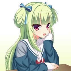 Rule 34 | 1girl, 2023, absurdres, aqua jacket, arm on table, blue ribbon, blunt bangs, chinese commentary, commentary request, dated commentary, gradient background, green background, green hair, hair ribbon, hand on own cheek, hand on own face, hand up, head rest, highres, hime cut, jacket, long hair, long sleeves, looking at viewer, murasame (senren), nmudml2, official alternate costume, official alternate hairstyle, open mouth, red eyes, ribbon, sailor collar, school uniform, senren banka, sidelocks, simple background, smile, solo, straight hair, two side up, upper body, very long hair, white background, white sailor collar
