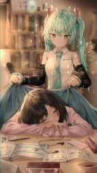 Rule 34 | 2girls, aqua eyes, aqua hair, aqua necktie, bare shoulders, black hair, black sleeves, blanket, blouse, blurry, blurry background, bokeh, book, bookshelf, cellphone, chibi, commentary, covering with blanket, cup, depth of field, detached sleeves, drawing, earphones, eraser, hair ornament, hatsune miku, hatsune miku (vocaloid4), head rest, highres, holding, holding blanket, indoors, light particles, light smile, long hair, looking at another, master (vocaloid), multiple girls, necktie, open book, pen, pencil case, phone, pink shirt, room, shirt, shirubaa, shoulder tattoo, sitting, sleeping, sleeveless, sleeveless shirt, smartphone, standing, table, tattoo, twintails, v4x, very long hair, vocaloid, white shirt