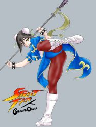 Rule 34 | 1girl, absurdres, alternate costume, ass, black hair, blue dress, boots, bracelet, breasts, brown pantyhose, bun cover, capcom, china dress, chinese clothes, chun-li, chun-li (cosplay), commentary request, cosplay, cross-laced footwear, double bun, dress, fate/grand order, fate (series), fighting stance, full body, green eyes, grey background, hair bun, highres, jewelry, kilroylw, knee boots, lace-up boots, long hair, looking at viewer, panties, pantyhose, pelvic curtain, polearm, puffy short sleeves, puffy sleeves, qin liangyu (fate), sash, short sleeves, simple background, solo, spiked bracelet, spikes, standing, standing on one leg, street fighter, thick thighs, thighs, underwear, weapon, white footwear
