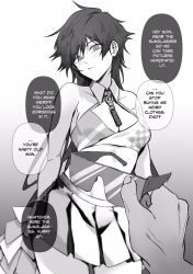 Rule 34 | 1boy, 1girl, alternate universe, blue archive, breasts, cheerleader, cleavage, commentary, contrapposto, cosplay, crop top, detached collar, english text, unworn eyewear, father and daughter, flag print, fushiguro megumi, fushiguro touji, genderswap, genderswap (mtf), greyscale, head tilt, hibiki (blue archive), high contrast, highres, holding, holding pom poms, holding removed eyewear, jujutsu kaisen, long hair, looking at viewer, medium breasts, midriff, monochrome, name tag, pleated skirt, pom pom (cheerleading), pom poms, pov, race queen, shinoda giri, skirt, sleeveless, speech bubble, standing, sunglasses, symbol-only commentary, very long hair