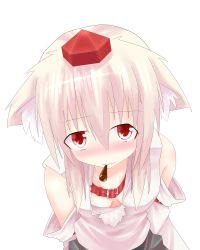 Rule 34 | 1girl, animal ears, blush, breasts, collar, collarbone, detached sleeves, downblouse, female focus, food, hat, inubashiri momiji, kunsei hamu, looking at viewer, medium breasts, mouth hold, pocky, red eyes, silver hair, solo, tokin hat, touhou, wolf ears
