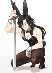 Rule 34 | 1boy, alternate costume, alternate hairstyle, animal ears, black bow, black hair, bow, bowtie, closed mouth, commentary request, constantine xi (fate), covered abs, covered navel, crossdressing, detached collar, earrings, closed eyes, fake animal ears, fake tail, fate/grand order, fate (series), grey background, hand on hilt, holding, holding sword, holding weapon, jewelry, leotard, light smile, long hair, male focus, male playboy bunny, on one knee, pantyhose, pectoral cleavage, pectorals, playboy bunny, rabbit ears, rabbit tail, rkp, shadow, simple background, solo, strapless, strapless leotard, sword, tail, thighhighs, toned, toned male, weapon, wing collar, wrist cuffs