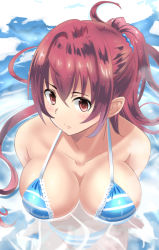 Rule 34 | 1girl, bikini, blue bikini, blush, breasts, cleavage, collarbone, ishizu kayu, large breasts, long hair, looking at viewer, original, partially submerged, ponytail, red eyes, red hair, solo, striped bikini, striped clothes, swimsuit, upper body