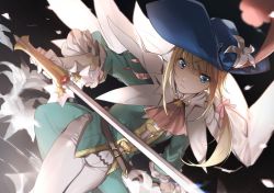 Rule 34 | bad id, bad pixiv id, blonde hair, blue eyes, blue hat, bow, chevalier d&#039;eon (fate), fate/grand order, fate (series), feather hair ornament, feathers, flower, frilled sleeves, frills, gloves, hair bow, hair flower, hair ornament, hat, holding, holding sword, holding weapon, long hair, no-kan, pants, petals, pink bow, solo, sword, weapon, white flower, white gloves, white pants