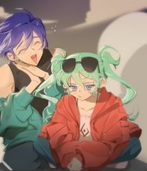 Rule 34 | 1boy, 1girl, aqua hair, aqua jacket, black shirt, blue eyes, blue hair, blue nails, blue pants, commentary request, expressionless, eyewear on head, flying sweatdrops, furrowed brow, half-closed eyes, hatsune miku, highres, hyang 0714, indian style, jacket, kaito (vocaloid), korean commentary, light blush, long hair, nail polish, open clothes, open jacket, open mouth, own hands together, pants, red jacket, shirt, sitting, sleeveless, sleeveless shirt, smile, spaghetti strap, suna no wakusei (vocaloid), sunglasses, sweat, twintails, vocaloid, white shirt