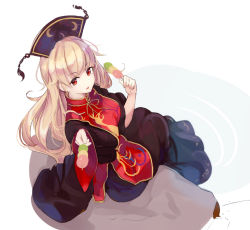 Rule 34 | 1girl, black dress, blonde hair, breasts, chinese clothes, dango, dress, food, foreshortening, from above, from side, hat, highres, junko (touhou), large breasts, long hair, long sleeves, looking at viewer, looking to the side, looking up, lumo 1121, open mouth, red eyes, religious offering, ripples, sanshoku dango, simple background, sitting, skewer, smile, soaking feet, solo, tabard, touhou, very long hair, wagashi, water, white background, wide sleeves