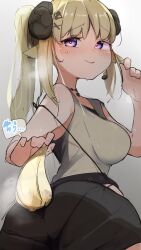 Rule 34 | 1girl, animal ears, ass, blonde hair, blush, breasts, burusuka (burusuka2525), commentary request, from behind, highres, hip vent, holding own tail, hololive, horns, long hair, looking at viewer, looking back, medium breasts, pantylines, purple eyes, sheep ears, sheep girl, sheep horns, sheep tail, shorts, solo, tail, tsunomaki watame, tsunomaki watame (amazing swing), upper body, virtual youtuber