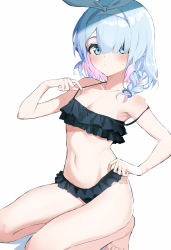 Rule 34 | 1girl, absurdres, arona (blue archive), barefoot, bikini, black bikini, blue archive, blue eyes, blue hair, blush, braid, closed mouth, collarbone, colored inner hair, commentary request, flat chest, frilled bikini, frills, hair over one eye, hairband, hand up, highres, kneeling, looking at viewer, multicolored hair, navel, pink hair, short hair, simple background, solo, stomach, stone (ksorede), swimsuit, white background, white hairband