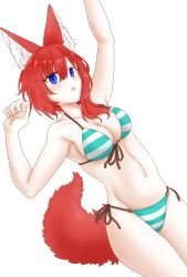Rule 34 | 1girl, animal ear fluff, animal ears, arm up, bare shoulders, bikini, blue bikini, blue eyes, blush, breasts, chestnut mouth, cleavage, clenched hand, collarbone, female focus, fox ears, fox girl, fox tail, front-tie bikini top, front-tie top, groin, hair between eyes, hand up, legs together, light blush, long hair, looking at viewer, lying, medium breasts, navel, on back, open mouth, original, red hair, rokugatsu (mutuki rokugatu), side-tie bikini bottom, simple background, solo, stomach, striped bikini, striped clothes, swimsuit, tail, teeth, white background
