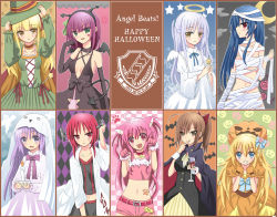 Rule 34 | 6+girls, ahoge, angel beats!, angel wings, animal ears, bad id, bad pixiv id, bandages, bat (animal), bell, blonde hair, blue eyes, blue hair, bow, breasts, brown eyes, brown hair, candle, cape, cat ears, cat tail, cleavage, collar, collarbone, cosplay, crescent moon, demon tail, demon wings, dress, elbow gloves, fake horns, fang, frankenstein&#039;s monster, frankenstein&#039;s monster (cosplay), ghost costume, glass, gloves, green eyes, grin, hairband, halloween, halo, hat, heart, highres, hisako (angel beats!), horns, irie miyuki, iwasawa masami, lab coat, long hair, medium breasts, midriff, moon, multiple girls, nakamura hinato, naked bandage, navel, neck bell, open mouth, paw pose, pink eyes, pink hair, ponytail, pumpkin, pumpkin hat, purple eyes, purple hair, red eyes, red hair, ribbon, sekine shiori, shiina (angel beats!), short hair, small breasts, smile, star (symbol), tail, tenshi (angel beats!), vampire costume, white hair, wings, witch hat, yellow eyes, yui (angel beats!), yuri (angel beats!), yusa (angel beats!)