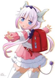 Rule 34 | 10s, 1girl, backpack, bag, blue eyes, chestnut mouth, commentary request, dragon girl, dragon horns, dragon tail, hair bobbles, hair ornament, highres, horns, kanna kamui, kobayashi-san chi no maidragon, light purple hair, long hair, looking at viewer, low twintails, maisama, outstretched arms, randoseru, simple background, solo, spread arms, tail, thighhighs, twintails, white background, zettai ryouiki