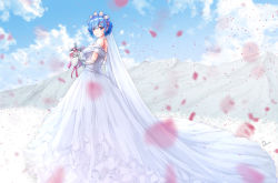 Rule 34 | 1girl, absurdres, alternate costume, bare shoulders, blue eyes, blue hair, blush, breasts, cloud, commentary request, day, dermar, dress, elbow gloves, flower, frills, from side, gloves, hair ornament, hair over one eye, hair ribbon, highres, holding, holding flower, large breasts, leaf, long dress, looking at viewer, open mouth, outdoors, pink ribbon, re:zero kara hajimeru isekai seikatsu, rem (re:zero), ribbon, short hair, smile, solo, wedding dress, white dress, white flower, white gloves, x hair ornament