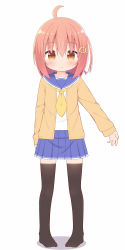Rule 34 | 1girl, ahoge, ayanepuna, black thighhighs, blue sailor collar, blue skirt, blush, brown cardigan, brown eyes, cardigan, closed mouth, commentary request, full body, hair between eyes, hair ornament, hair ribbon, hairclip, long sleeves, looking at viewer, neckerchief, no shoes, one side up, open cardigan, open clothes, original, pigeon-toed, pink hair, pleated skirt, ribbon, sailor collar, school uniform, serafuku, shadow, shirt, simple background, skirt, sleeves past wrists, smile, solo, standing, thighhighs, white background, white ribbon, white shirt, yellow neckerchief, yune (ayanepuna)
