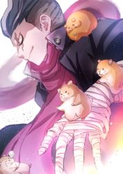 Rule 34 | 1boy, animal, bandages, bandaged hand, black hair, chiko (d04099), closed mouth, collar, danganronpa (series), danganronpa 2: goodbye despair, grey hair, hamster, jacket, looking to the side, male focus, multicolored hair, open clothes, open jacket, pink scarf, scar, scar across eye, scar on face, scarf, short hair, simple background, sleeping, smirk, solo, tanaka gundham, two-tone hair, upper body, white background