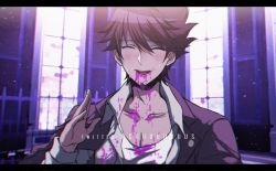 Rule 34 | 1boy, :d, artist name, blood, blood from mouth, closed eyes, collarbone, criis-chan, danganronpa (series), danganronpa v3: killing harmony, facial hair, facing viewer, goatee, hair between eyes, hand up, indoors, jacket, letterboxed, long sleeves, male focus, momota kaito, open clothes, open mouth, open shirt, pink blood, pink jacket, shirt, smile, solo, teeth, upper teeth only, white shirt, window