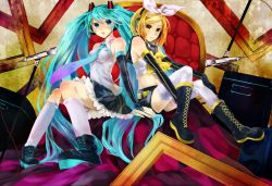 Rule 34 | 2girls, absurdres, aqua hair, bad id, bad pixiv id, bare shoulders, belt, blonde hair, blue eyes, boots, breasts, elbow gloves, framed, gloves, hair ribbon, hatsune miku, headphones, highres, kagamine rin, koyuiko, long hair, medium breasts, microphone, microphone stand, midriff, multiple girls, navel, necktie, open mouth, picture frame, ribbon, short hair, sitting, skirt, smile, speaker, thighhighs, twintails, very long hair, vocaloid, yellow eyes