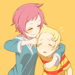 Rule 34 | 1boy, 1girl, blonde hair, blush, bullying, closed eyes, commentary request, flying sweatdrops, height difference, hood, hood down, hoodie, kumatora, long sleeves, lucas (mother 3), mother (game), mother 3, nintendo, noogie, pink hair, shifumame, shirt, short hair, simple background, smile, smug, striped clothes, striped shirt, t-shirt, teenage girl and younger boy, upper body, yellow background