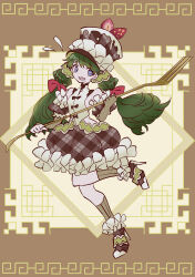 Rule 34 | 1girl, blue eyes, breasts, brown background, brown dress, brown dust 2, cake hat, chinese clothes, detached sleeves, dress, flying sweatdrops, food, food-themed clothes, fork, fruit, full body, green hair, green socks, hair ribbon, hat, high heels, highres, holding, holding fork, long hair, looking at viewer, lydia (brown dust), open mouth, oversized object, red ribbon, ribbon, sleeveless, sleeveless dress, small breasts, socks, solo, standing, standing on one leg, stiletto heels, strawberry, strawberry slice, tn scallion, top hat, twintails, two-tone dress, very long hair, wavy mouth, white dress