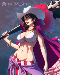 Rule 34 | 1girl, alvida (one piece), artist name, bikini, bikini top only, black hair, blue eyes, club, club (weapon), commentary, commission, english commentary, hat, hat feather, highres, holding, holding weapon, instagram logo, instagram username, jewelry, lips, lipstick, long hair, makeup, midriff, nail polish, navel, necklace, one piece, pearl necklace, pink nails, red lips, solo, spiked club, swimsuit, teeth, uchiha jake, weapon, white hat