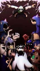 Rule 34 | 6+boys, agent x, black sclera, blood, bloody tears, bug (exe jam), claws, colored sclera, crying, crying with eyes open, entity-666 (sonic.exe), exe jam (comic), gloves, highres, jacket, looking down, looking up, mask, masked, multiple boys, multiple eyes, no more innocence (sonic.exe), red gloves, skull, snoopierkid, sonic.exe, sonic.omw (sonic.exe), sonic (series), sonic the hedgehog, tears, white gloves