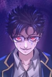Rule 34 | 1boy, black hair, blue jacket, closed mouth, elijah knight, glasses, jacket, looking at viewer, red eyes, shirt, short hair, smile, solo, the beginning after the end, uniform, white shirt