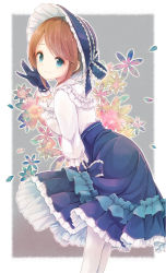 Rule 34 | 1girl, blue bow, blue eyes, blue gloves, blue headwear, blue skirt, blush, bonnet, bow, brown hair, closed mouth, commentary request, emma woods, floral background, frilled shirt, frilled shirt collar, frills, gloves, grey background, hand up, high-waist skirt, humanization, identity v, leaning forward, lolita fashion, official alternate costume, pantyhose, petals, ribbon-trimmed gloves, ribbon trim, shirt, sidelocks, skirt, smile, solo, standing, two-tone background, white background, white pantyhose, white shirt, yonema
