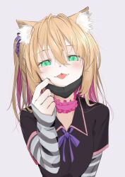 Rule 34 | 1girl, :3, animal ear fluff, animal ears, black shirt, blonde hair, blush, cat ears, cat girl, choker, colored inner hair, fang, frilled choker, frills, furry, furry female, green eyes, grey background, hair between eyes, hair ornament, hair scrunchie, highres, jirai kei, layered sleeves, long sleeves, looking at viewer, mask, mask pull, mouth mask, multicolored hair, one side up, original, pink choker, purple hair, scrunchie, shirt, short over long sleeves, short sleeves, simple background, sleeves past wrists, slit pupils, solo, striped sleeves, tongue, tongue out, two-tone hair, upper body, yongen yu