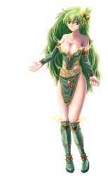 Rule 34 | 1990s (style), 1girl, aged up, bare shoulders, boots, breasts, cleavage, detached sleeves, final fantasy, final fantasy iv, final fantasy iv: the after years, flower, green eyes, green footwear, green hair, hair ornament, highres, katatuki, large breasts, long hair, matching hair/eyes, retro artstyle, revealing clothes, rydia (ff4), simple background, solo, very long hair