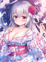 Rule 34 | 1girl, :o, albino, blue kimono, blue umbrella, blurry, blurry foreground, blush, breasts, cleavage, closed mouth, collarbone, depth of field, floral print, flower, frilled kimono, frilled sleeves, frills, hair between eyes, hair flower, hair ornament, hair rings, holding, holding umbrella, japanese clothes, kimono, long hair, long sleeves, looking at viewer, medium breasts, mitsuba choco, obi, off shoulder, oil-paper umbrella, original, petals, pink flower, pink rose, print kimono, red eyes, red flower, red rose, rose, sash, silver hair, solo, umbrella, upper body, very long hair, wide sleeves