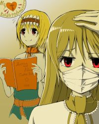 Rule 34 | 2girls, alice margatroid, blonde hair, book, capelet, closed mouth, commentary request, cookie (touhou), dual persona, extra mouth, frilled neckwear, frilled sash, hair between eyes, hand on own head, heart, highres, hinase (cookie), holding, holding book, long hair, looking at viewer, mask, mouth mask, multiple girls, neckerchief, red eyes, red neckerchief, red sash, romaji text, sash, short hair, smile, speech bubble, touhou, translation request, tsuno (nicoseiga11206720), upper body, white capelet
