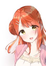 Rule 34 | 1girl, absurdres, artist name, artist request, blush, braid, braided bun, breasts, cleavage, close-up, collarbone, dress, exciting animal (love live!), female focus, green eyes, hair bun, hair ornament, hair over shoulder, hairclip, highres, looking at viewer, love live!, love live! nijigasaki high school idol club, love live! school idol festival, love live! school idol festival all stars, medium breasts, orange hair, parted lips, pink sweater, plaid, plaid dress, pleated, pleated dress, red hair, ribbon, short hair, side bun, single side bun, smile, solo, star (symbol), star hair ornament, sweater, uehara ayumu, upper body, white background, white dress, white ribbon, yellow eyes