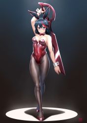 Rule 34 | 1girl, animal ears, black hair, black pantyhose, bow, bowtie, breasts, cleavage, detached collar, finalcake, full body, high heels, highres, kill la kill, leotard, looking at viewer, matoi ryuuko, medium breasts, multicolored hair, pantyhose, playboy bunny, rabbit ears, red bow, red bowtie, red footwear, red hair, red leotard, scissor blade (kill la kill), short hair, solo, spolight, standing, streaked hair, wrist cuffs