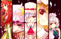 Rule 34 | 5girls, bad id, bad pixiv id, blonde hair, bow, braid, china dress, chinese clothes, column lineup, dress, female focus, flandre scarlet, hat, hong meiling, ichi-natsu, izayoi sakuya, multiple girls, open mouth, patchouli knowledge, red eyes, remilia scarlet, short hair, side ponytail, embodiment of scarlet devil, touhou, vampire, wings