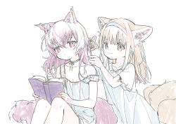 Rule 34 | 2girls, animal ear fluff, animal ears, arknights, bare arms, bare shoulders, blue hairband, book, bow, brushing another&#039;s hair, brushing hair, closed mouth, collarbone, dress, feet out of frame, female focus, fox ears, fox girl, fox tail, hair brush, hair down, hairband, holding, holding book, kitsune, knees up, long hair, material growth, multiple girls, open book, oripathy lesion (arknights), purple eyes, purple hair, red medicine, shamare (arknights), short sleeves, simple background, sleeveless, sleeveless dress, smile, strap slip, suzuran (arknights), tail, white background, white bow, white dress