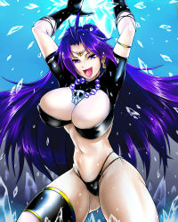 Rule 34 | 1girl, armlet, arms up, beads, black gloves, breasts, earrings, gloves, hair intakes, highleg, highleg panties, huge breasts, ice, jewelry, long hair, magic, midriff, naga the serpent, navel, necklace, open mouth, panties, purple eyes, purple hair, revealing clothes, skindentation, skull necklace, slayers, solo, thick thighs, thigh strap, thighs, tiara, tuna sand, underwear