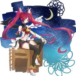Rule 34 | 1girl, alternate costume, alternate hair color, elbow gloves, fingerless gloves, gloves, highres, jinx (league of legends), league of legends, long hair, magical girl, moon, red hair, sitting, solo, star guardian (league of legends), star guardian jinx, thighhighs, twintails, very long hair, wings