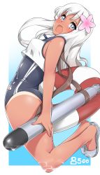 Rule 34 | 10s, 1girl, :d, absurdres, aoi renji, arched back, ass, blonde hair, blue eyes, character name, crop top, flower, full body, hair between eyes, hair flower, hair ornament, hibiscus, highres, japanese flag, kantai collection, lifebuoy, long hair, looking at viewer, one-piece swimsuit, one-piece tan, open mouth, ro-500 (kancolle), sailor collar, school swimsuit, school uniform, serafuku, smile, solo, swim ring, swimsuit, swimsuit under clothes, tan, tanline, thighs, torpedo